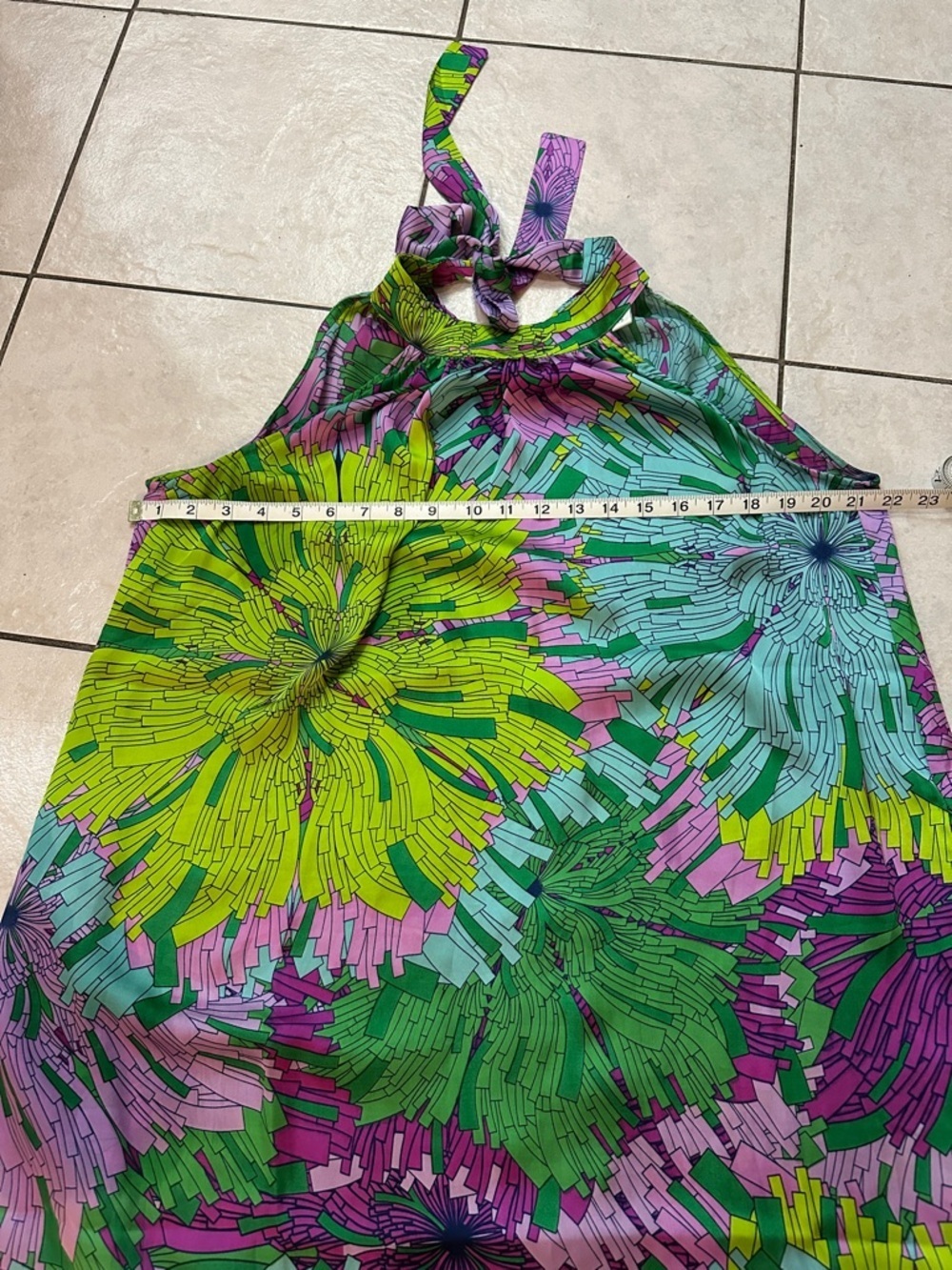 CLASSIQUE Vibrant Tropical Halter Mini Dres Pockets Sz S Feminine Flowy Boho EUC - Picture 10 of 11